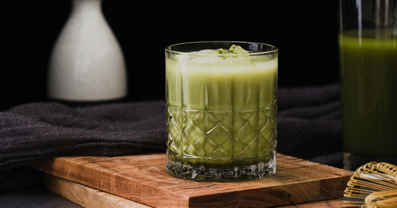 Iced strawberry matcha latte with cold foam made with strawberry sage simple syrup